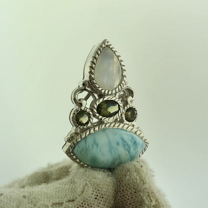 Designer Sterling Silver 925 Blue Agate Peridot Moonstone Drop Pendant Necklace