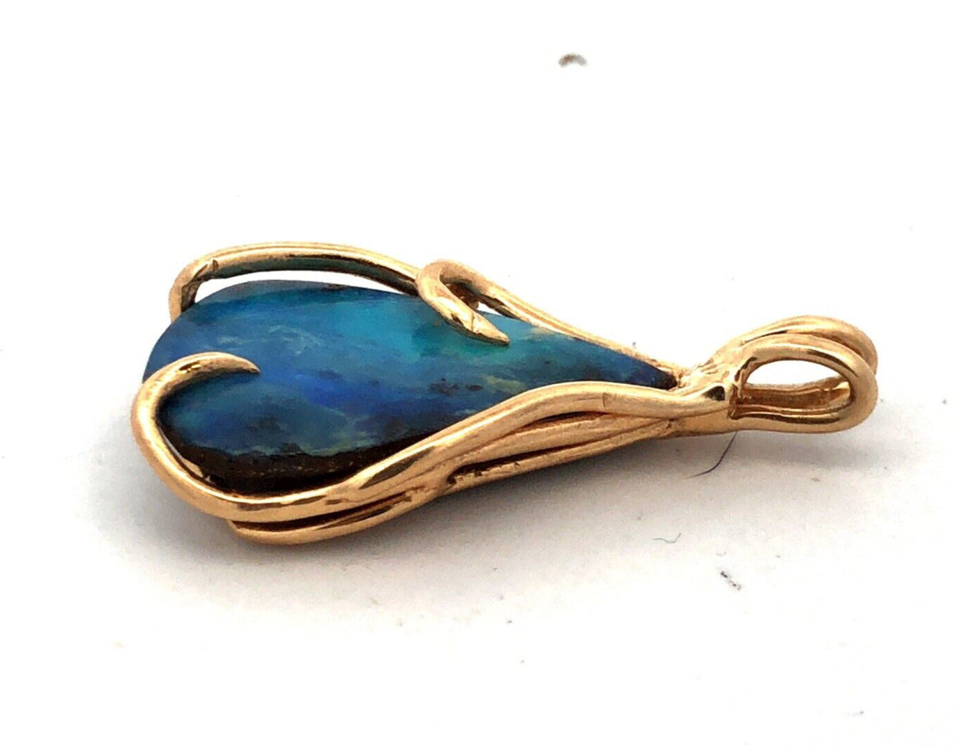 Estate 14K Yellow Gold Teardrop Blue Opal Wire Wrapped Modernist Pendant
