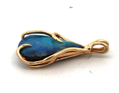 Estate 14K Yellow Gold Teardrop Blue Opal Wire Wrapped Modernist Pendant