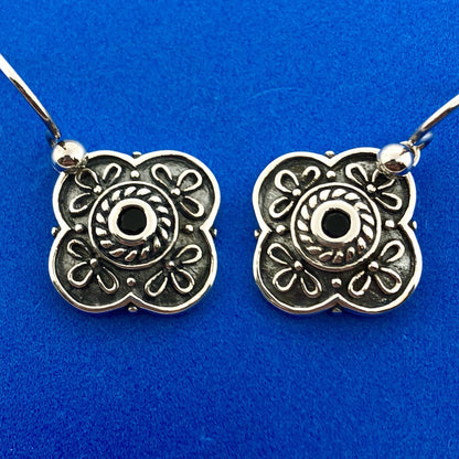 Vintage 925 Sterling Silver Black Onyx Floral Scroll Drop Dangle Earrings