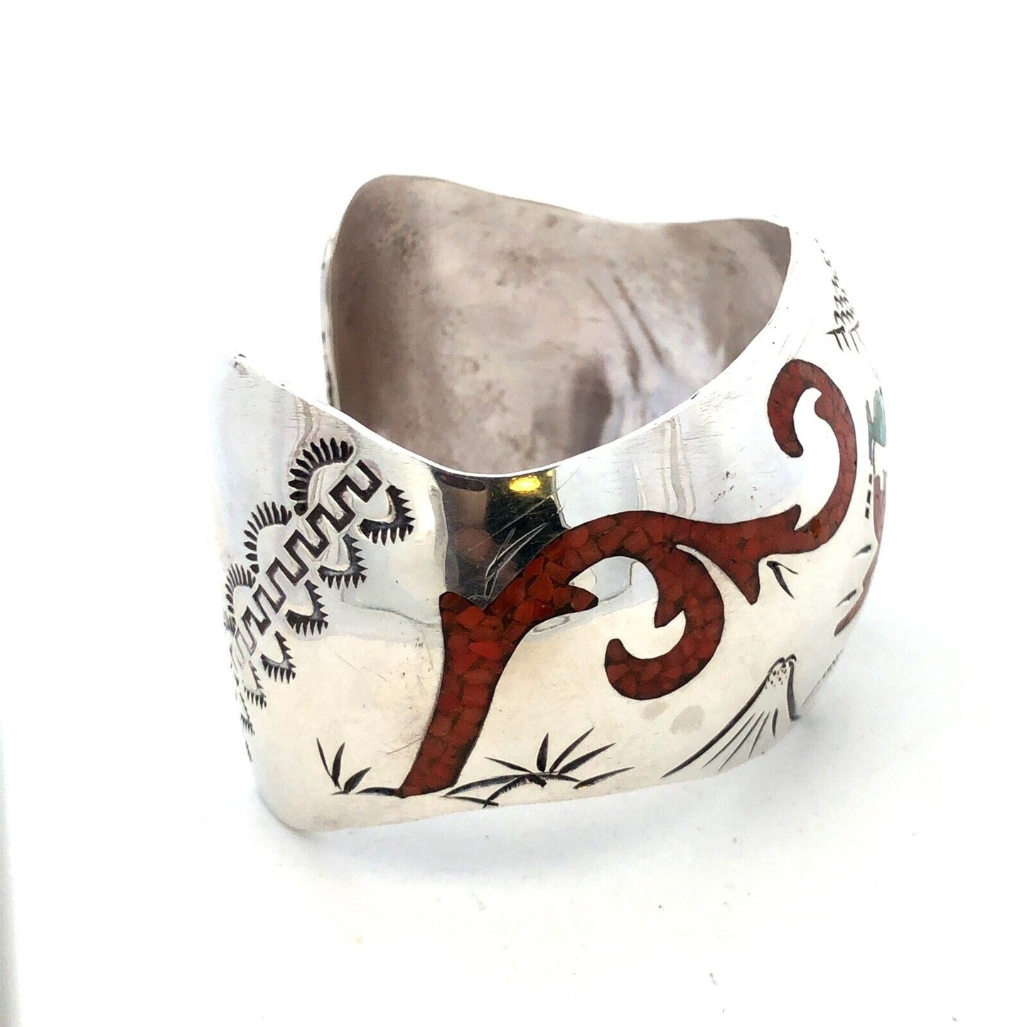 Native American BT 925 Sterling Silver Turquoise Coral Storyteller Cuff Bracelet