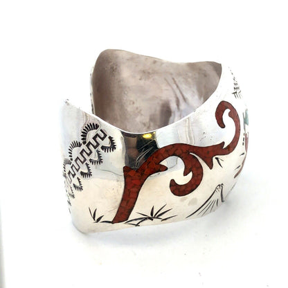 Native American BT 925 Sterling Silver Turquoise Coral Storyteller Cuff Bracelet