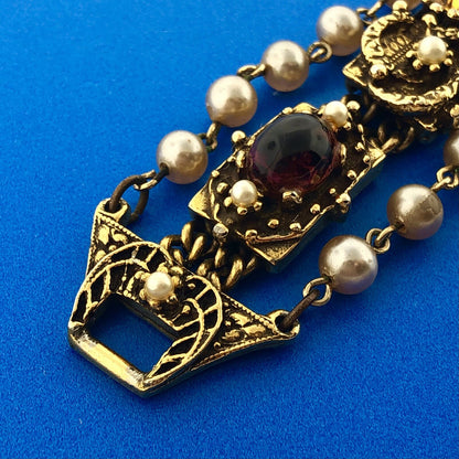 Vintage Gold Tone Faux Gem Pearl Cabochon Rhinestone Statement Panel Bracelet