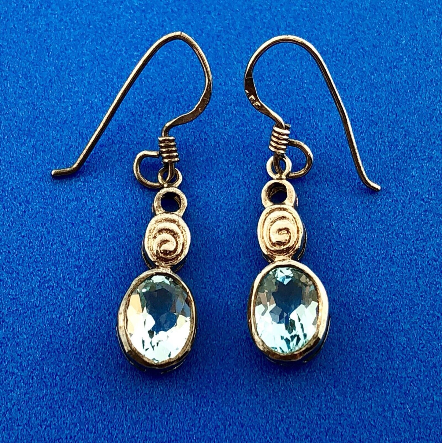 Vintage 925 Sterling Silver Oval Blue Topaz November Anniversary Dangle Earrings