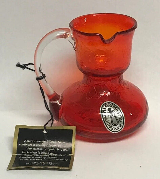 Pilgrim Glass Red Orange Crackle Glass Left Handed Mini Pitcher Creamer Tags