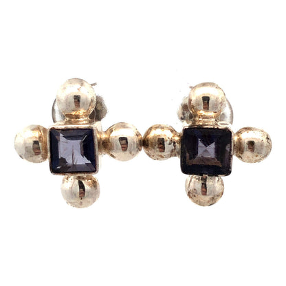 Vintage 925 Sterling Silver Square Purple Amethyst Cross Stud Earrings