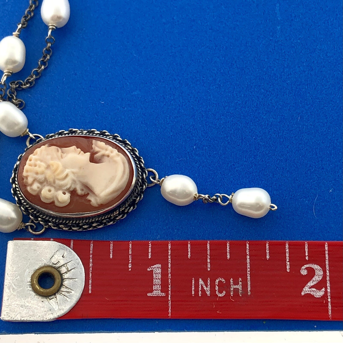 Vintage Italian Designer 925 Sterling Silver Cameo Pearl Station Necklace