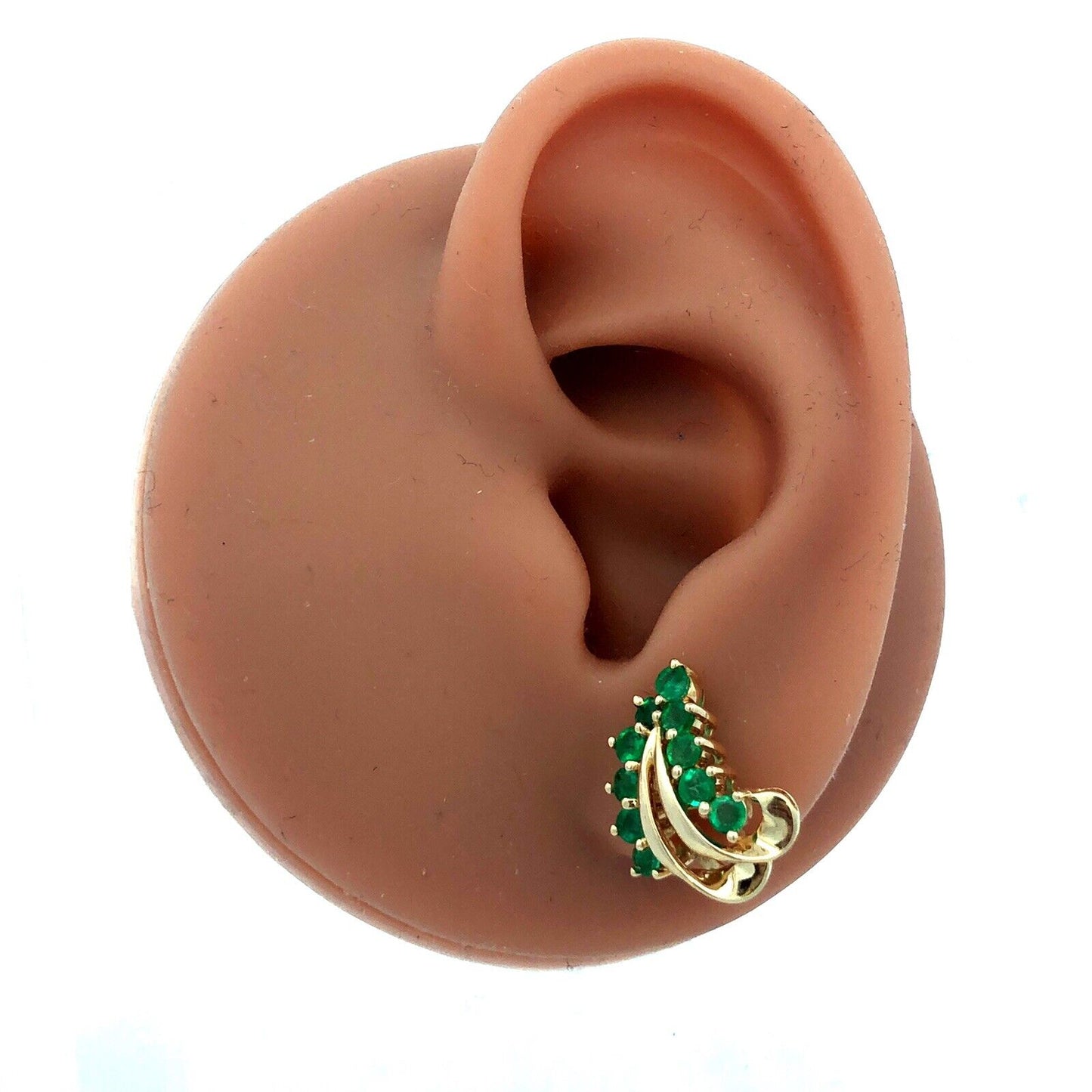 14K Yellow Gold Designer CET Round Green Emerald Leaf Statement Stud Earrings