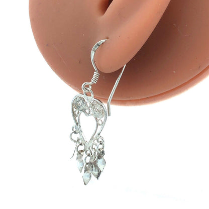 925 Sterling Silver Filigree Heart Dangle Hook Earrings