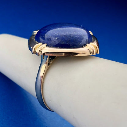 Vintage 14K Yellow Gold Lapis-Lazuli Cabochon Modernist Abstract Cocktail Ring