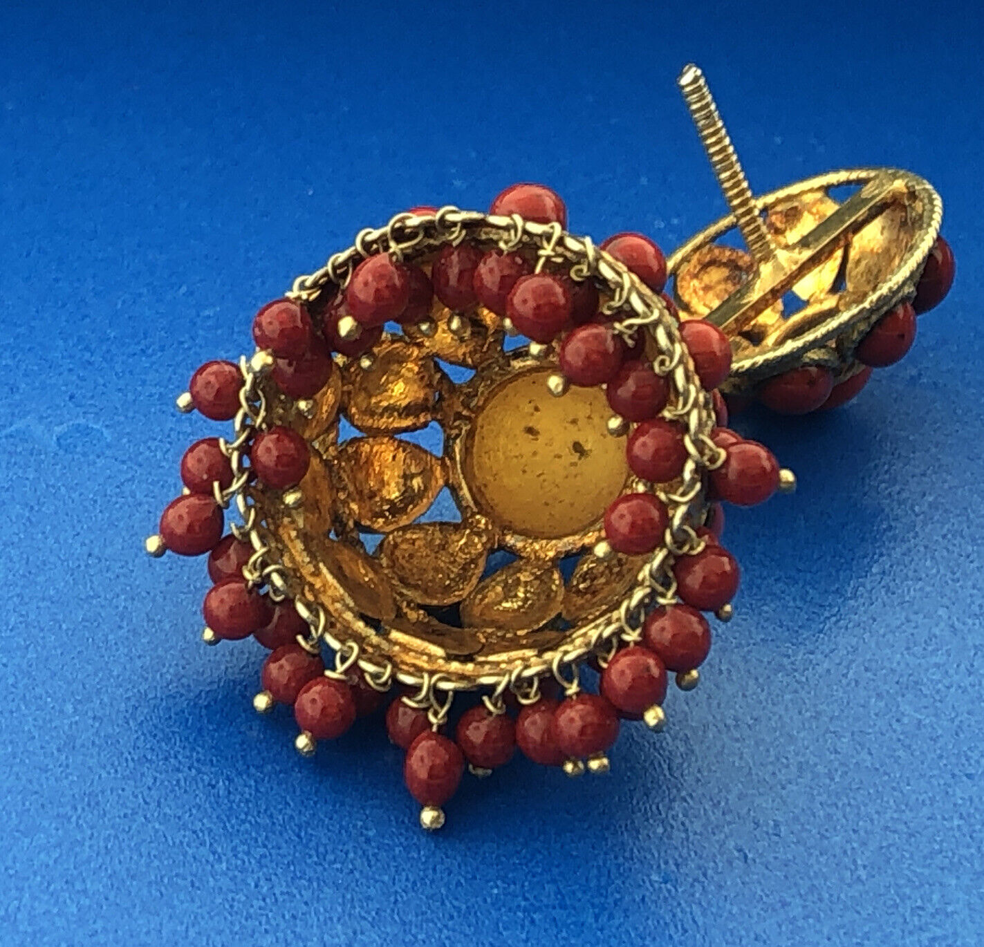 Lovely Vermeil Sterling Silver 925 Cabochon Coral Lampshade Dangle Stud Earrings