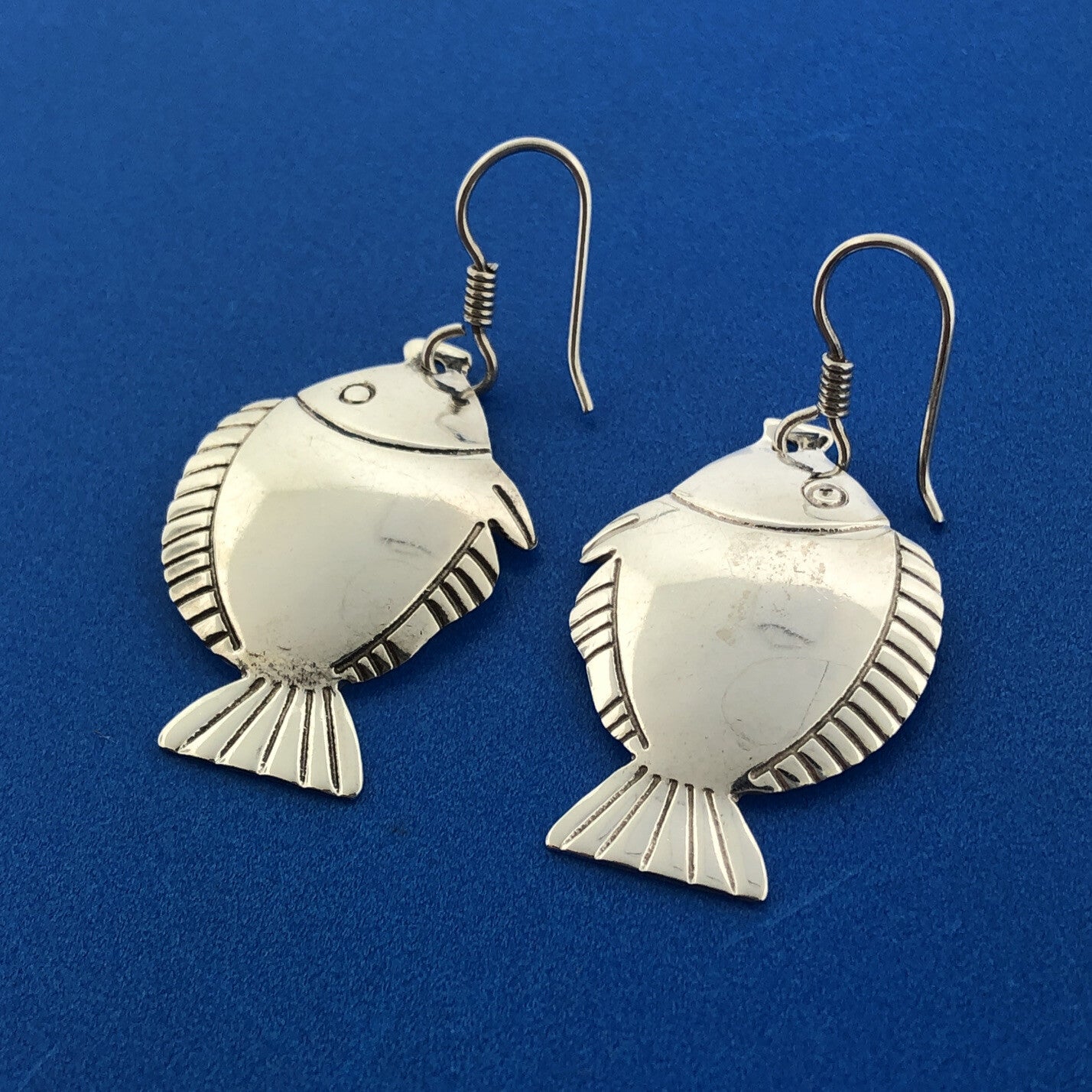Vintage Taxco Mexico 925 Sterling Silver Fish Statement Drop Dangle Earrings