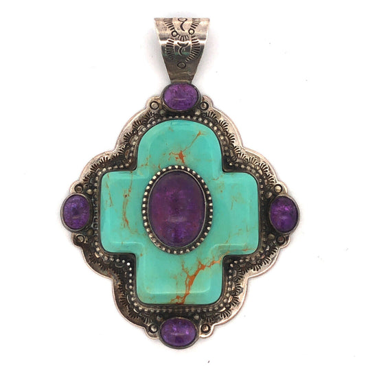 David Troutman Navajo Sterling Silver Turquoise Amethyst Cross Statement Pendant