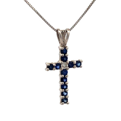 Designer 14K White Gold Blue Sapphire Diamond Pave Cross Pendant Necklace