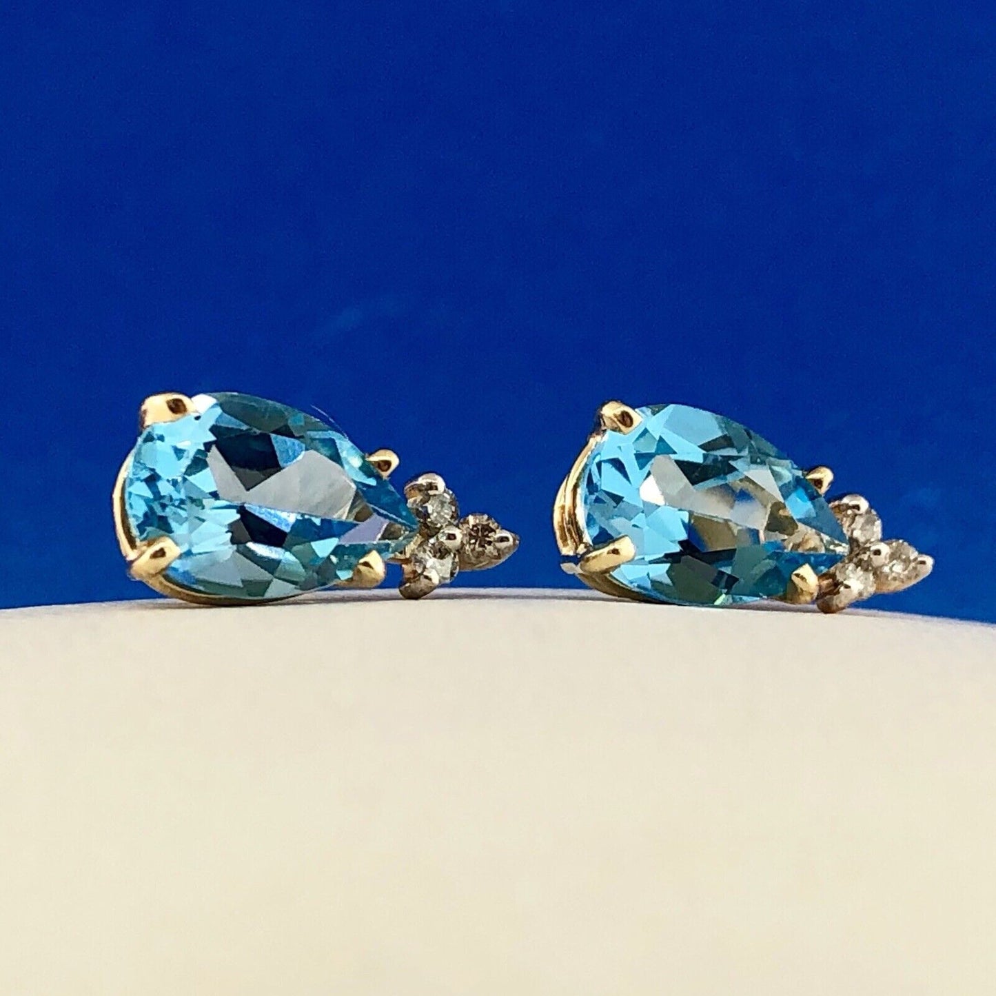 14K Yellow Gold Swiss Blue Topaz Diamond December Anniversary Pear Stud Earrings