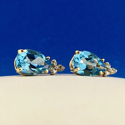 14K Yellow Gold Swiss Blue Topaz Diamond December Anniversary Pear Stud Earrings