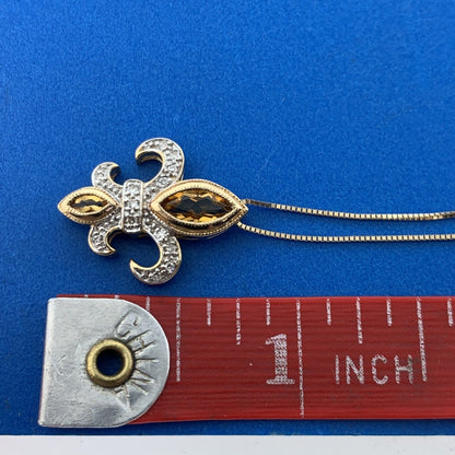 Vintage 14K Yellow White Citrine Diamond Fleur De Lis November Pendant Necklace