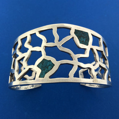 Vintage Taxco TE-01 925 Sterling Silver Turquoise Inlay Open Work Cuff Bracelet