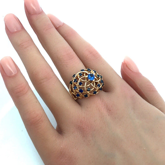 Estate 18K Yellow Gold Blue Sapphire Open Work Harem Cocktail Statement Ring