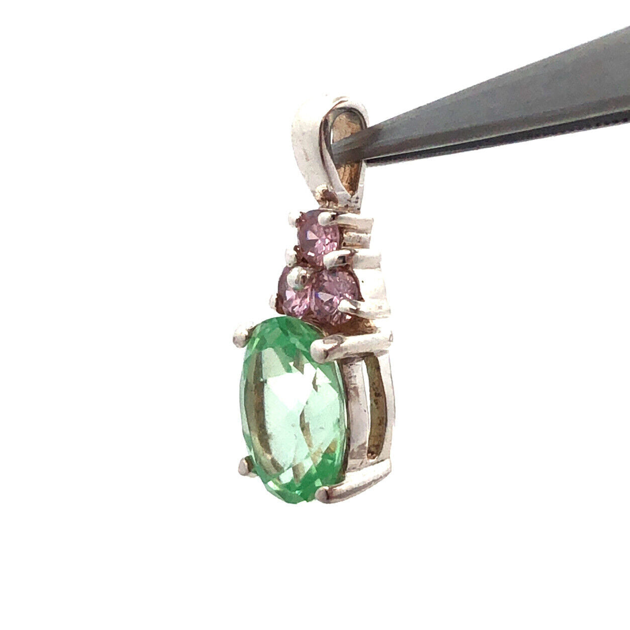 Designer HAN 925 Sterling Silver Oval Aquamarine Round Pink CZ Accent Pendant