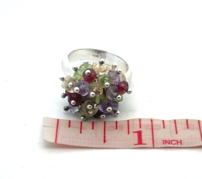 Designer 925 Sterling Silver Beaded Multi-Gemstone Cluster Dome Ring
