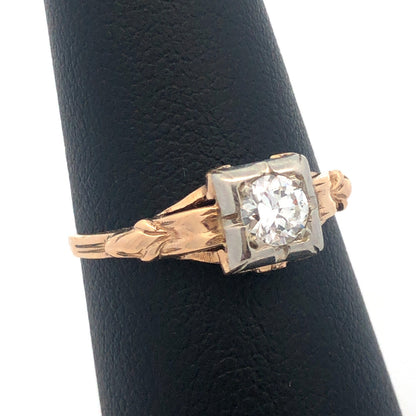 Art Nouveau Art Deco 14K Yellow Gold Diamond Solitaire Engagement Bridal Ring