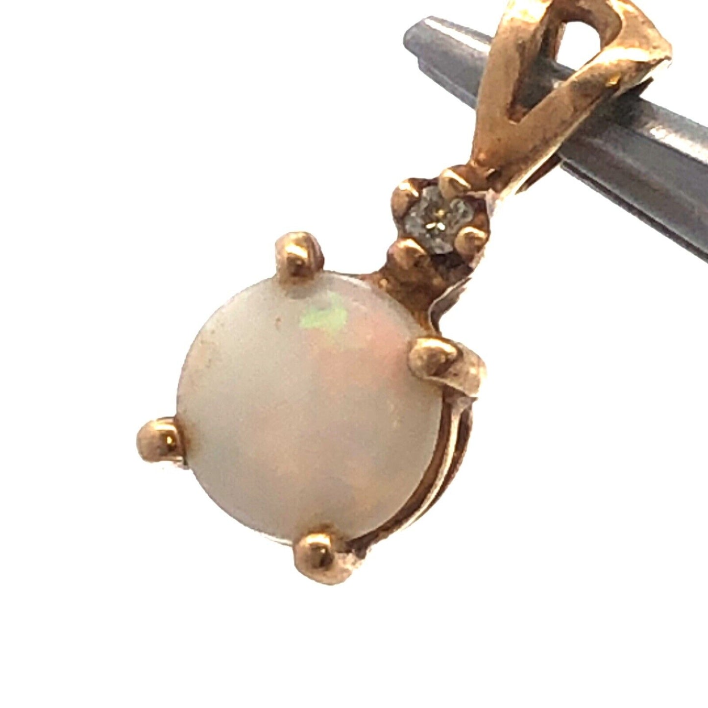 Vintage 14K Yellow Gold Opal Cabochon Diamond Accent October Anniversary Pendant