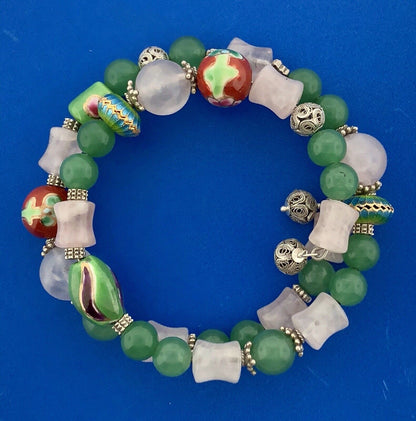 Sterling Silver Green Lavender Jade Ceramic Cloisonne Bead Three Wrap Bracelet