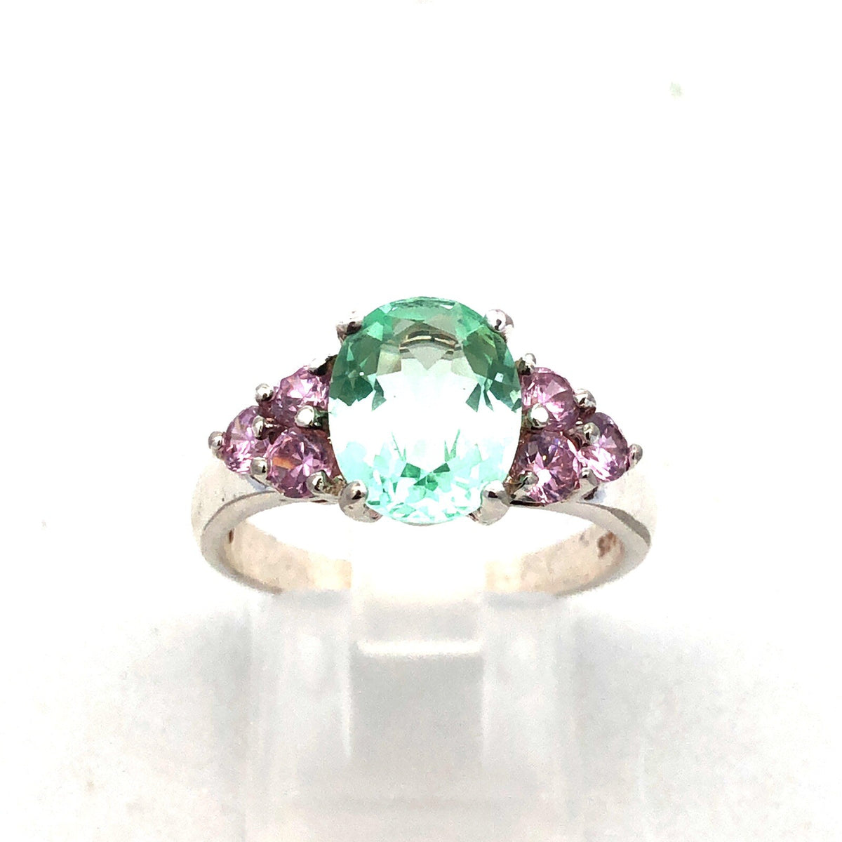 Designer HAN 925 Sterling Silver Oval Seyfoam Green Pink CZ Accent Cocktail Ring