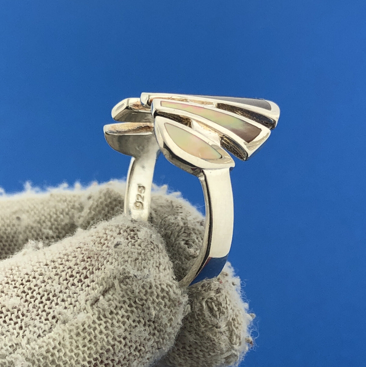 Designer LS Sterling Silver 925 Multi-Color Abalone Modernist Cocktail Ring