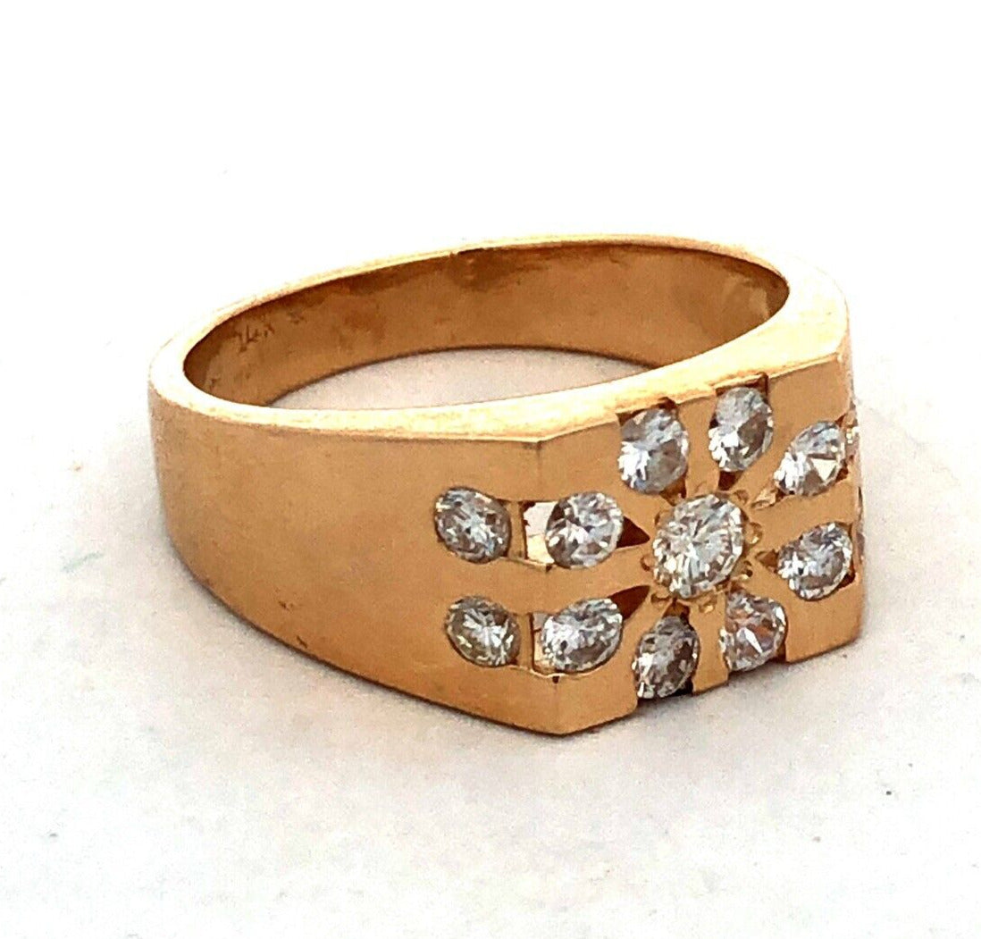 Estate Unisex 14K Yellow Gold Round Diamond Cluster Flower Square Statement Ring