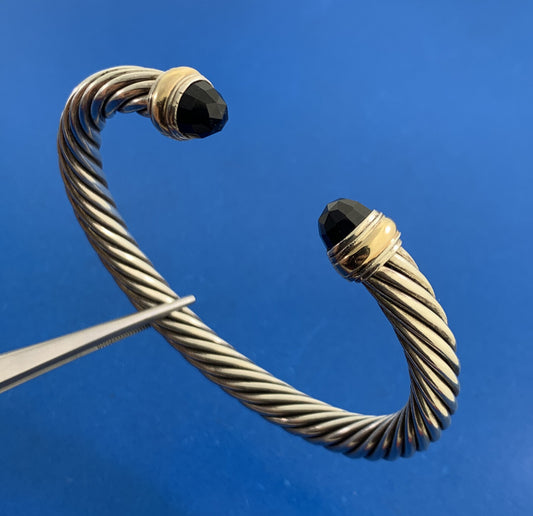 David Yurman 925 Sterling Silver 14K Gold Onyx Cable Classics Open Cuff Bracelet