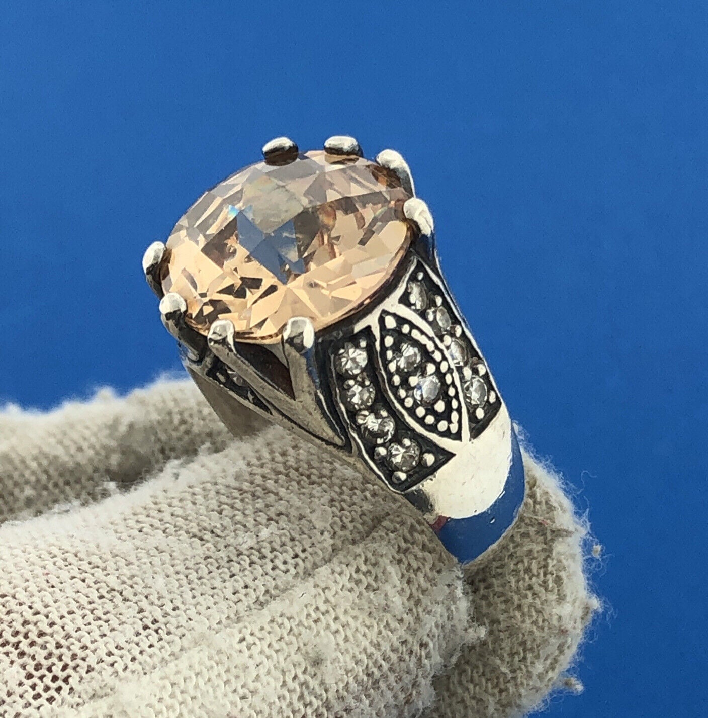 Vintage 925 Sterling Silver Cushion Cut Citrine CZ Statement Cocktail Ring