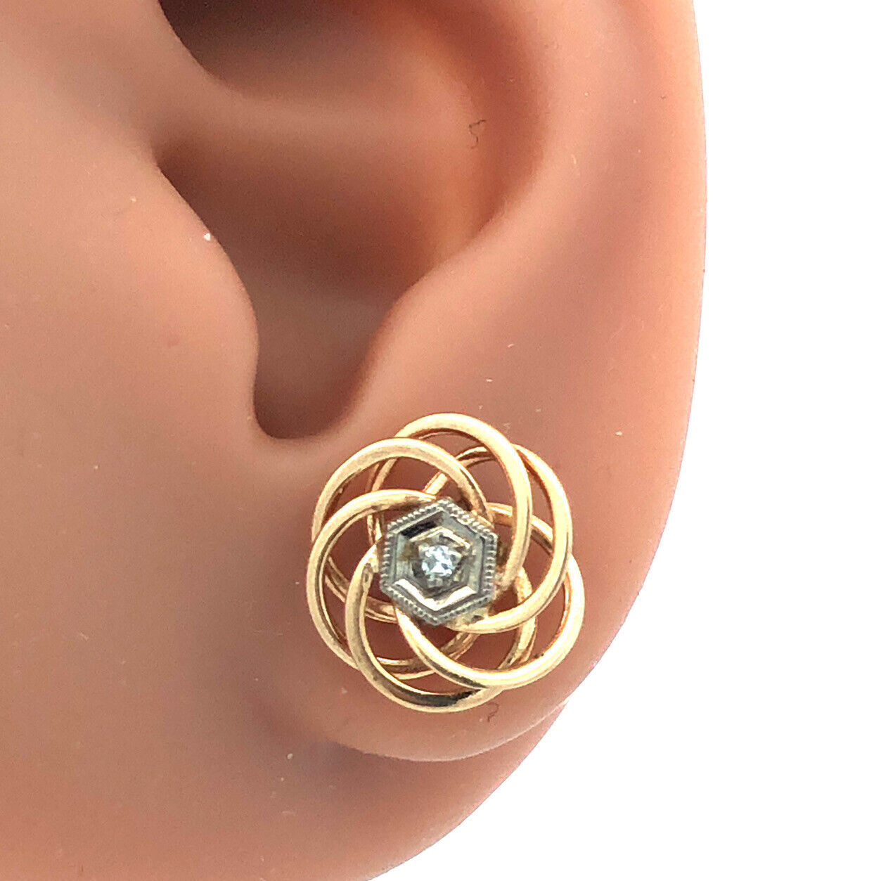 Designer 14K Yellow Gold Diamond Spiral Modernist Floral Statement Stud Earrings