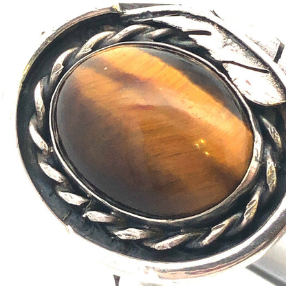 Estate 925 Sterling Silver Cabochon Tigers Eye Feather Design Oval Ring