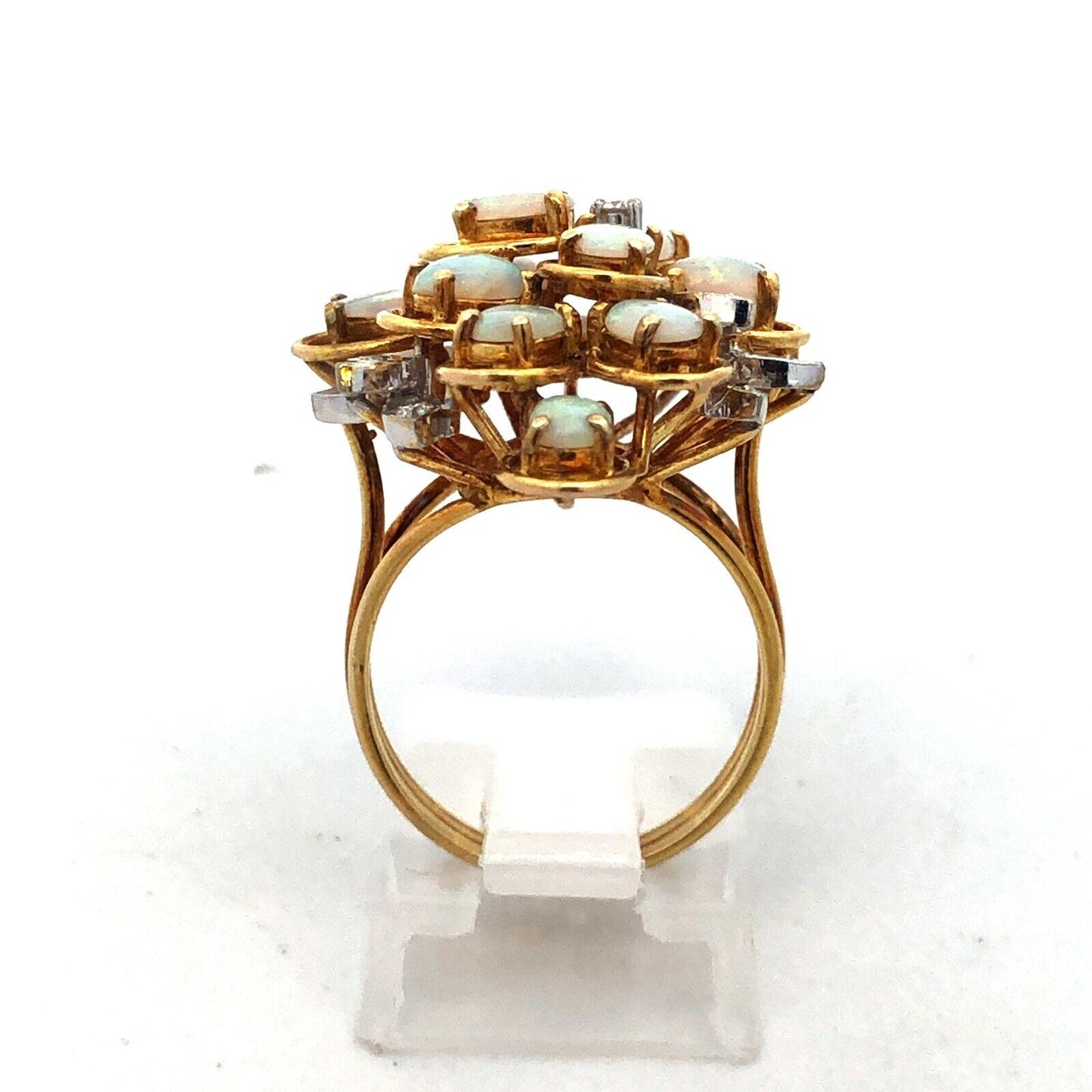 Lovely 14k Yellow Gold Opal Diamond Accent Floral Cluster Freeform Ring