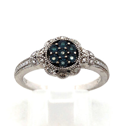 Designer 925 Sterling Silver Blue White Round Diamond Bead Detail Cocktail Ring