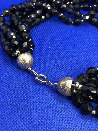 Mid Century Faceted Black Jet Round Rhinestone 6 Strand Layered Collar Necklace