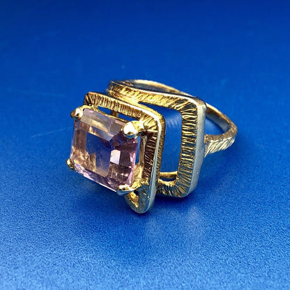 Retro Modernist 10K Yellow Gold Amethyst Solitaire Statement Free Form Ring