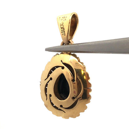 Vintage Mexico 14k Yellow Gold Black Onyx Pear Aztec Sunburst Drop Pendant