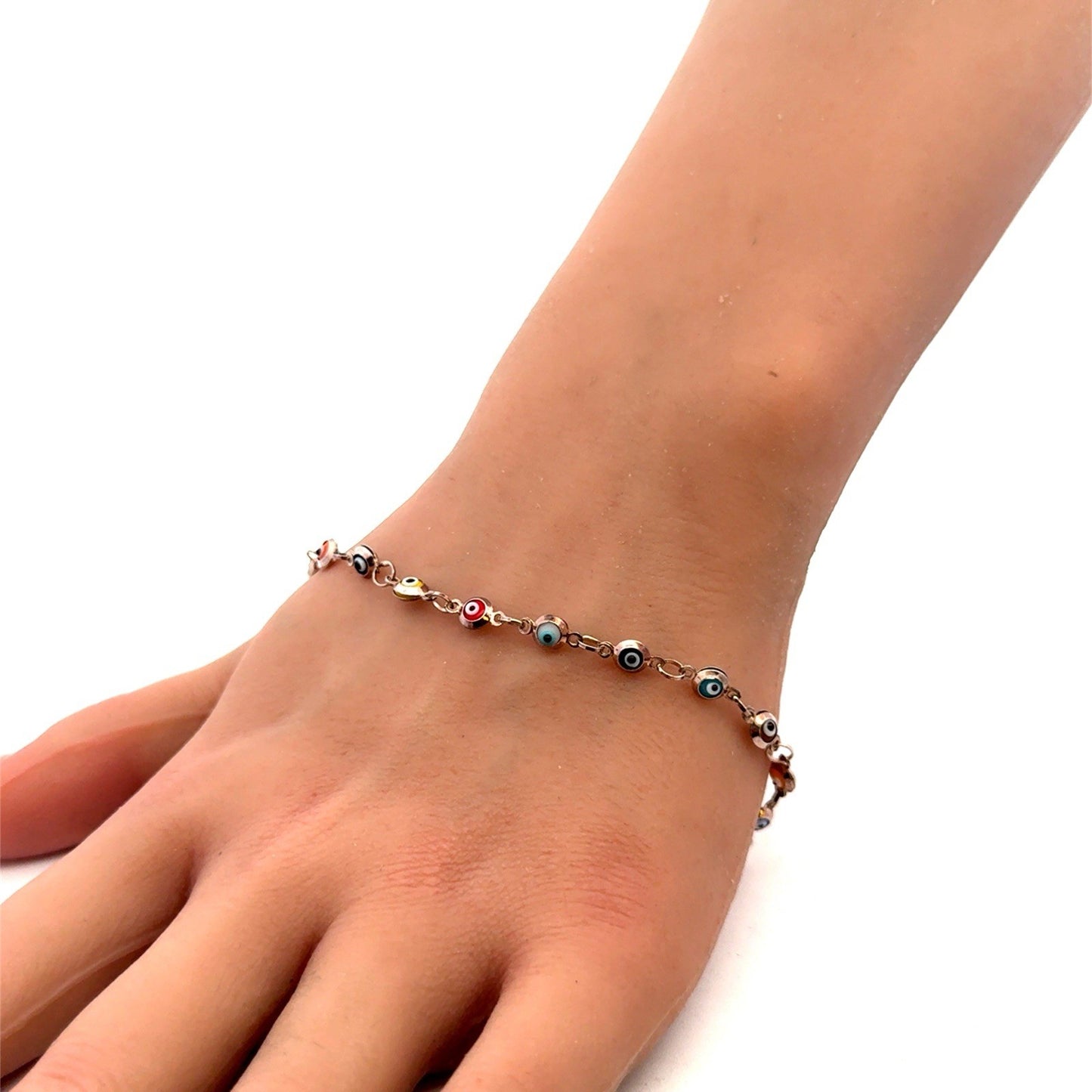 Estate 925 Sterling Silver Multicolor Evil Eye Bead Round Link 8.75" Bracelet