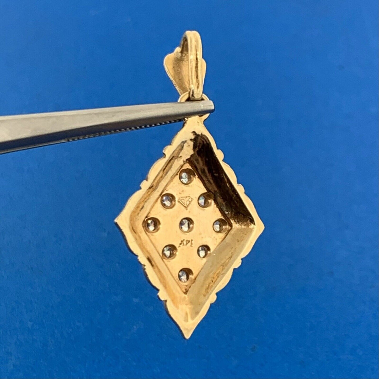 Vintage 14K Yellow Gold Diamond Cluster Black Enamel Dangle Drop Pendant