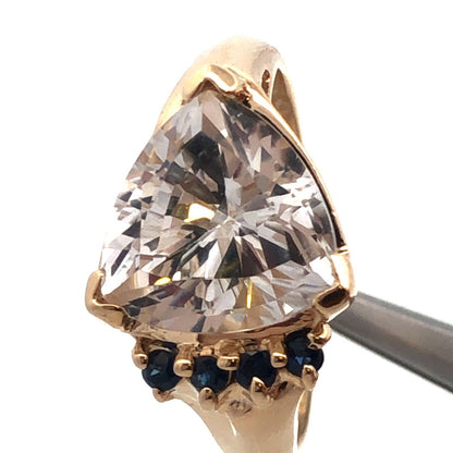 14K Yellow Gold Designer Trillion Cut White Topaz Blue Sapphire Accent Ring
