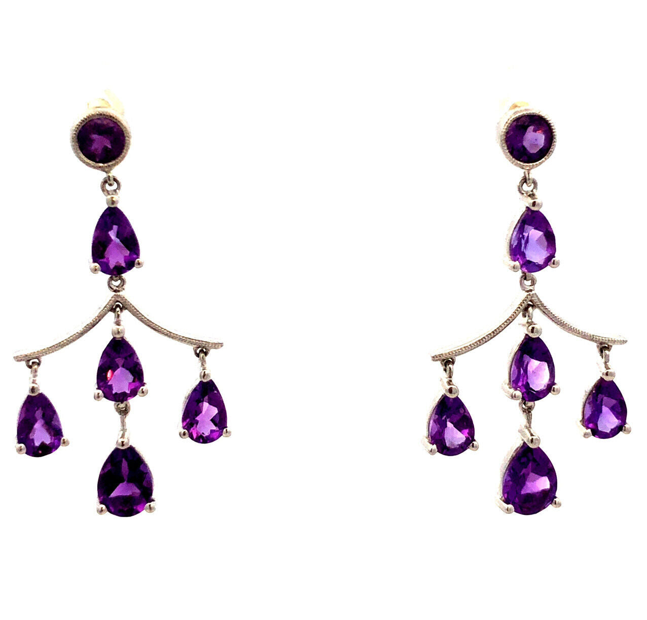 14K White Gold Designer Pear Round Amethyst Chandelier Stud Dangle Earrings