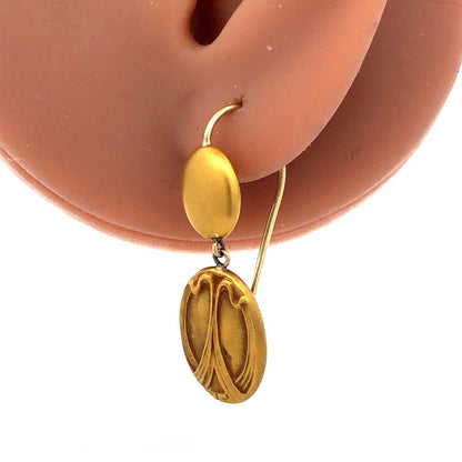 Estate 14K Yellow Gold Burnished Satin Finish Abstract Scarab Dangle Earrings