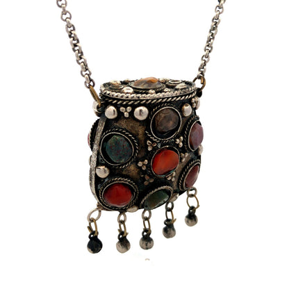 Vintage Sajai Metal Mixed Gemstone Silver Tone Prayer Box Coin Purse Necklace