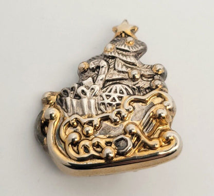 Vintage Silver Gold Tone Santa & Sled Brooch/Pendant Clip Earrings 3 Pc Set