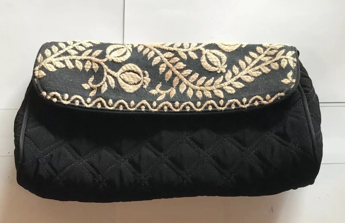 Vera Bradley Black Quilted Microfiber White Embroidered Clutch With Straps