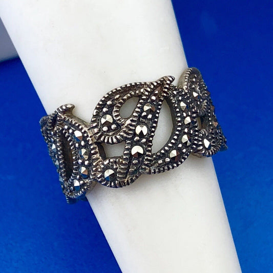 Designer Thailand 925 Sterling Silver Marcasite Cut Out D Scroll Cigar Band Ring