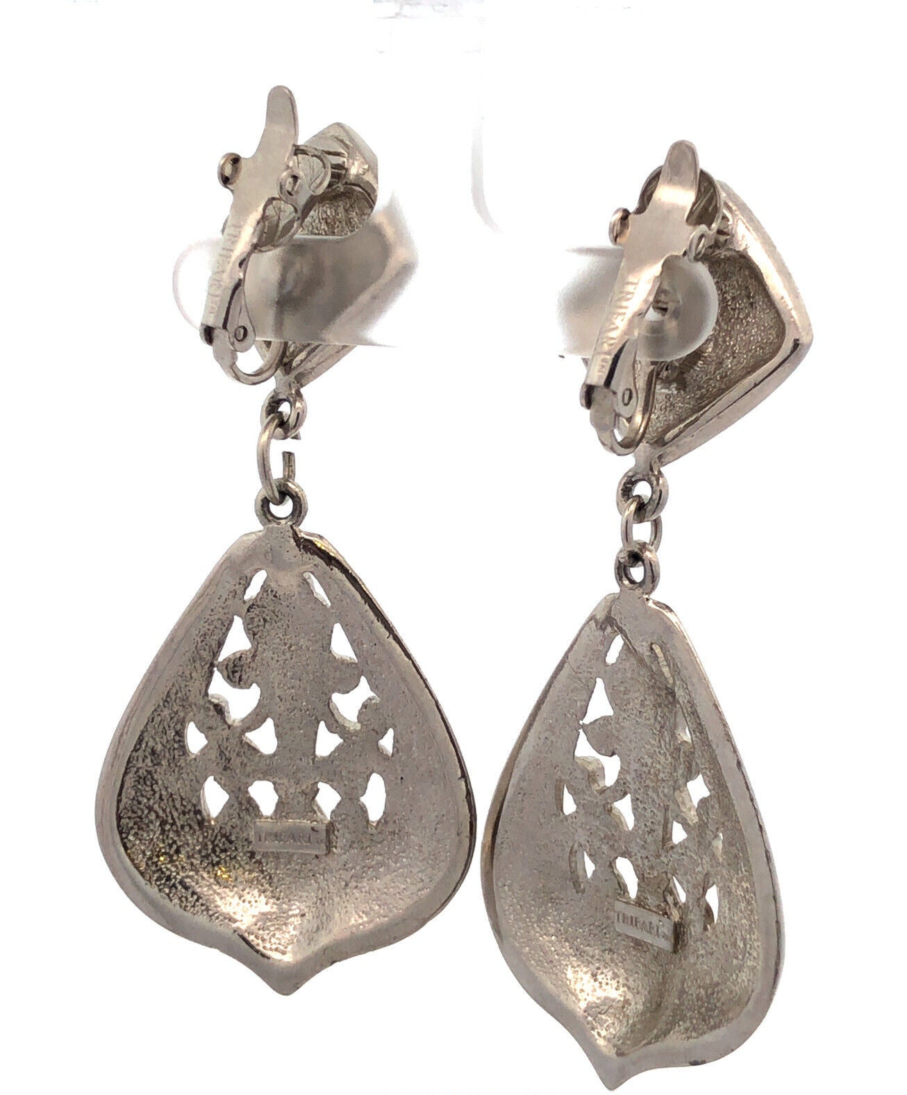 Estate Trifari Silver Tone Fleur De Lis Double Drop Statement Clip On Earrings